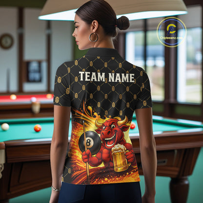 Beer & Funny Bull Play Pool 8 Ball Women Billiard Team Shirt Custom Billiard Polo & 1/4 Zip Attire NYN2475