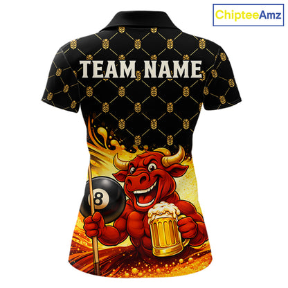 Beer & Funny Bull Play Pool 8 Ball Women Billiard Team Shirt Custom Billiard Polo & 1/4 Zip Attire NYN2475