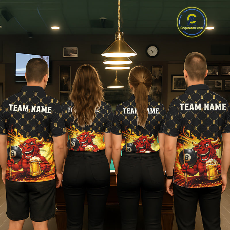Beer & Funny Bull Play Pool 8 Ball Men Billiard Team Shirt Custom Billiard Polo & 1/4 Zip Attire NYN2475