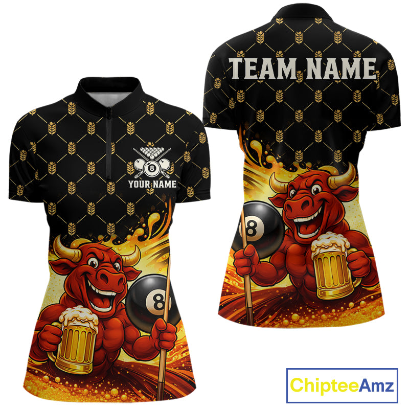 Beer & Funny Bull Play Pool 8 Ball Women Billiard Team Shirt Custom Billiard Polo & 1/4 Zip Attire NYN2475