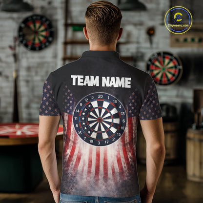 American Flag Grunge Dart Arrow Patriotic Dart Polo Shirts For Men Custom Name For Dart Players NYN2685
