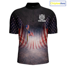 Load image into Gallery viewer, American Flag Grunge Dart Arrow Patriotic Dart 1/4-Zip Shirts For Men Custom Name For Dart Players NYN2685
