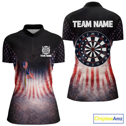 American Flag Grunge Dart Arrow Patriotic Dart 1/4-Zip Shirts For Women Custom Name For Dart Players NYN2685