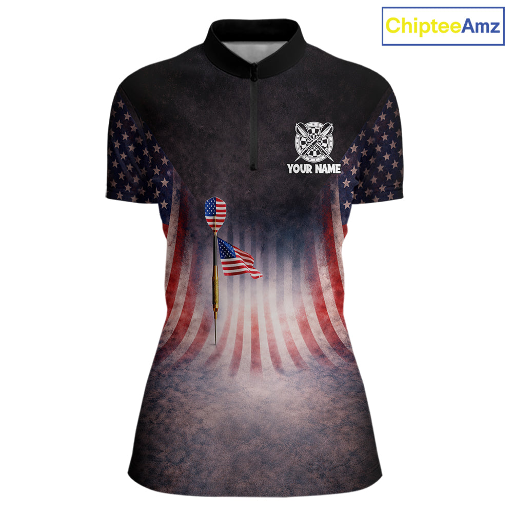 American Flag Grunge Dart Arrow Patriotic Dart 1/4-Zip Shirts For Women Custom Name For Dart Players NYN2685