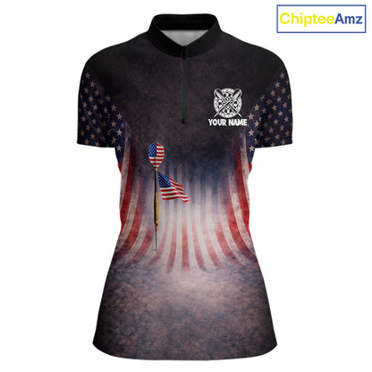 American Flag Grunge Dart Arrow Patriotic Dart 1/4-Zip Shirts For Women Custom Name For Dart Players NYN2685