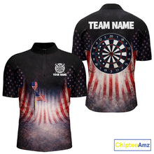 Load image into Gallery viewer, American Flag Grunge Dart Arrow Patriotic Dart 1/4-Zip Shirts For Men Custom Name For Dart Players NYN2685