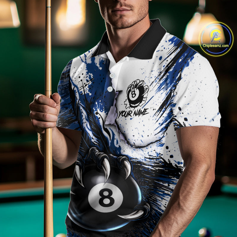 White And Blue Claws 8 Ball Billiard Pool Shirt For Men Custom Billiard Attire Team Jersey NYN3064