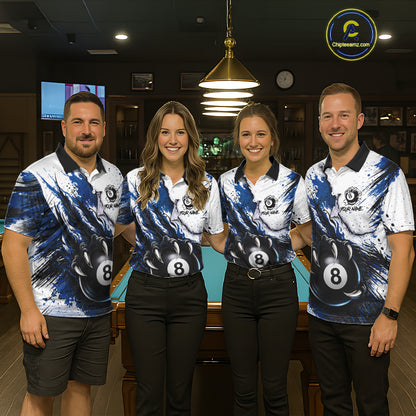 White And Blue Claws 8 Ball Billiard Pool Shirt For Men Custom Billiard Attire Team Jersey NYN3064