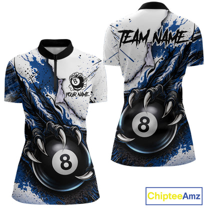 White And Blue Claws 8 Ball Billiard Pool Shirt For Women Custom Billiard Attire Team Jersey NYN3064