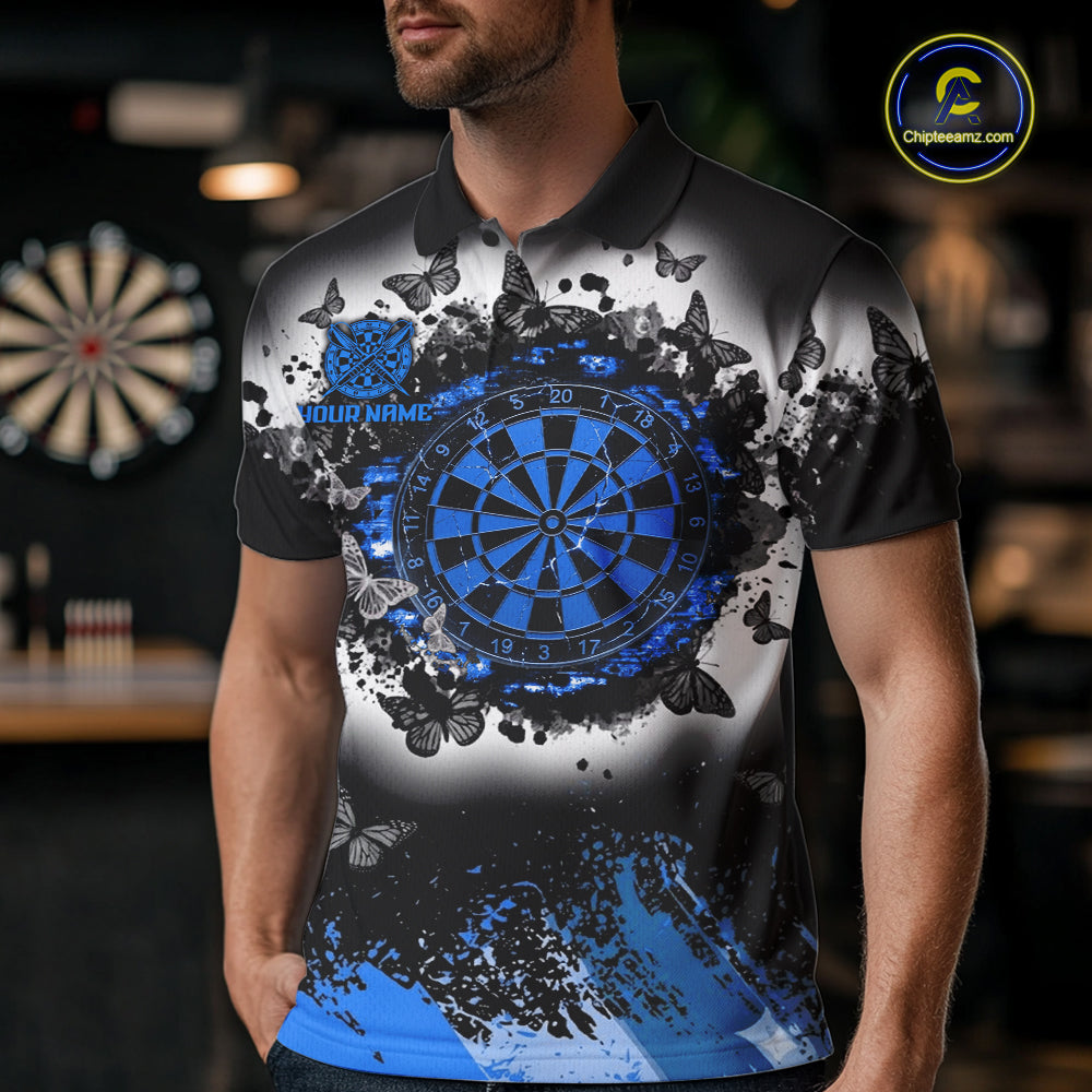 Man wearing white blue black butterfly dart shirt custom dart uniform mockup