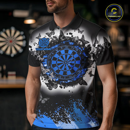 Man wearing white blue black butterfly dart shirt custom dart uniform mockup