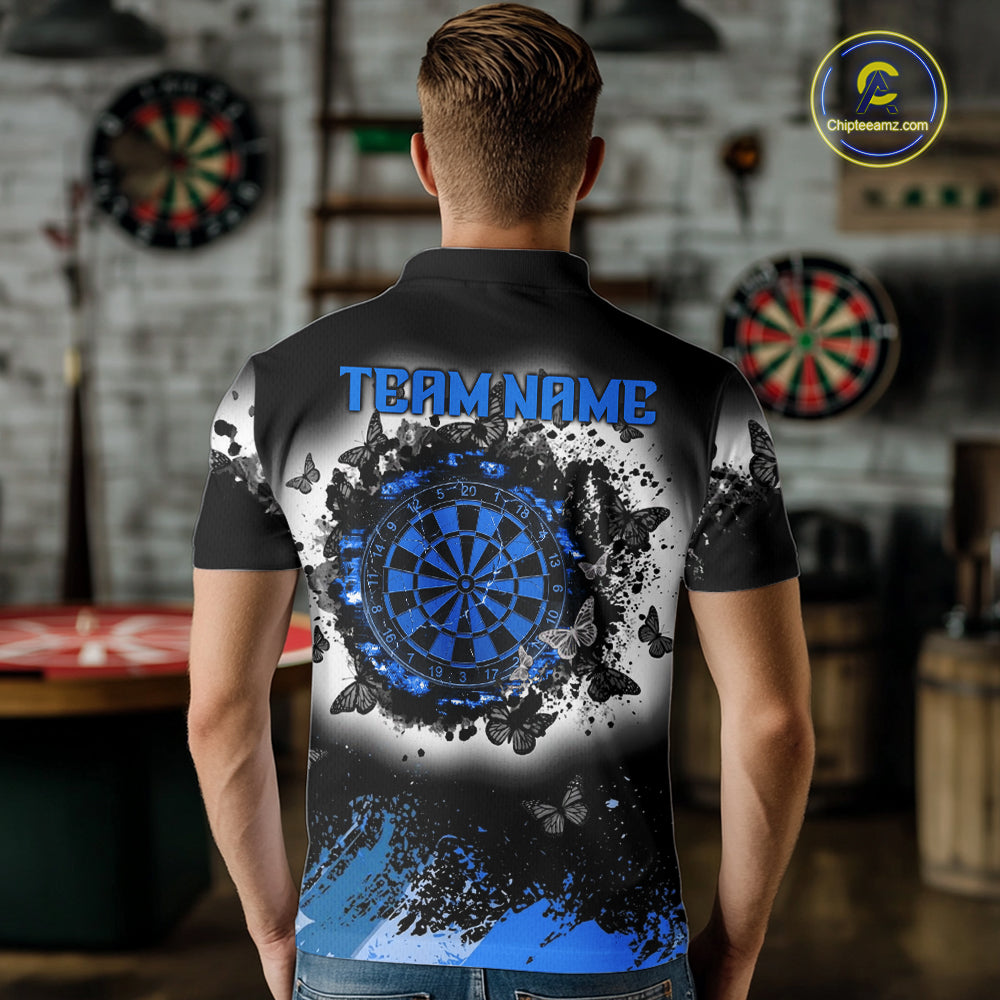 Man wearing white blue black butterfly dart shirt custom dart uniform mockup