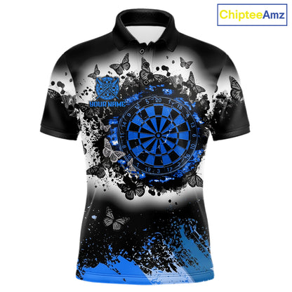 Men's white blue black grunge butterfly dart polo shirt mockup custom dart team jersey