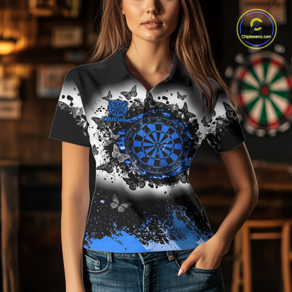 Woman wearing white blue black butterfly dart shirt custom dart uniform mockup