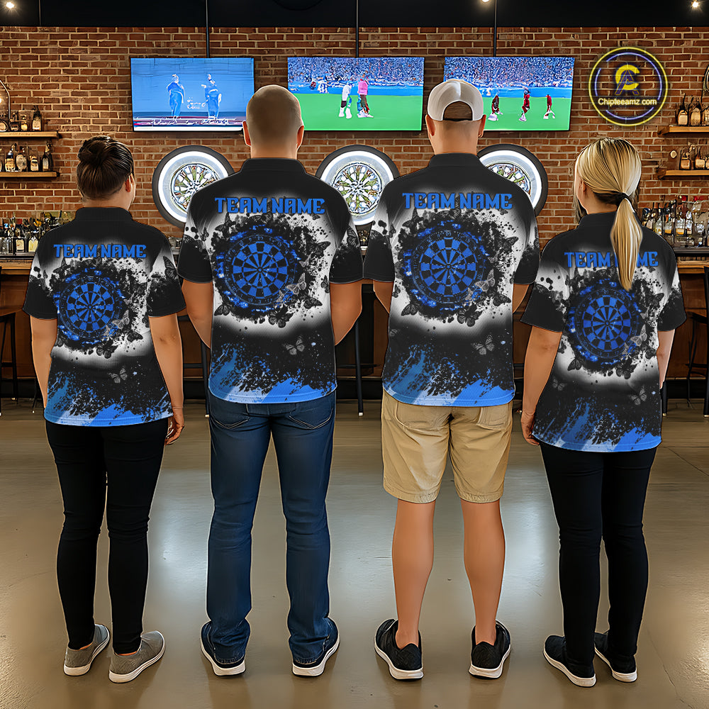 Mens dart team wearing white blue black grunge butterfly dart jerseys tournament apparel