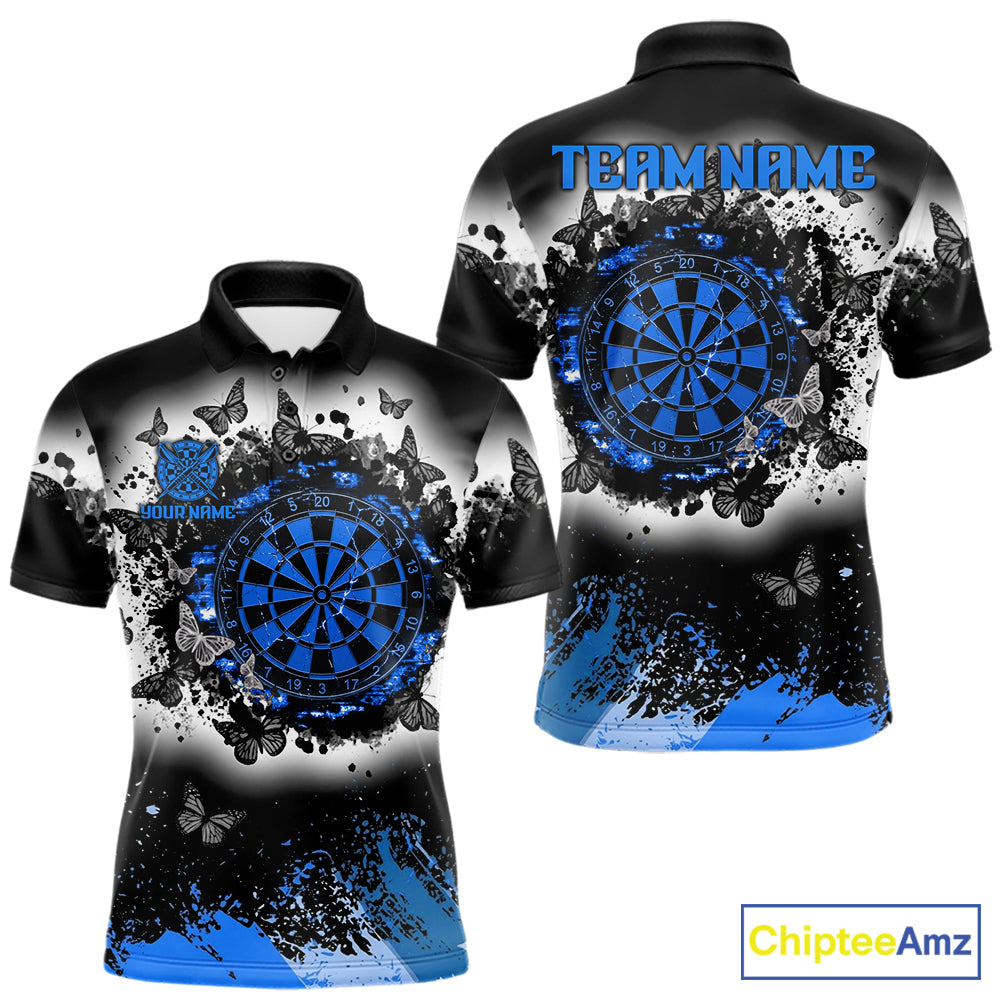 Men's white blue black grunge butterfly dart polo shirt mockup custom dart team jersey
