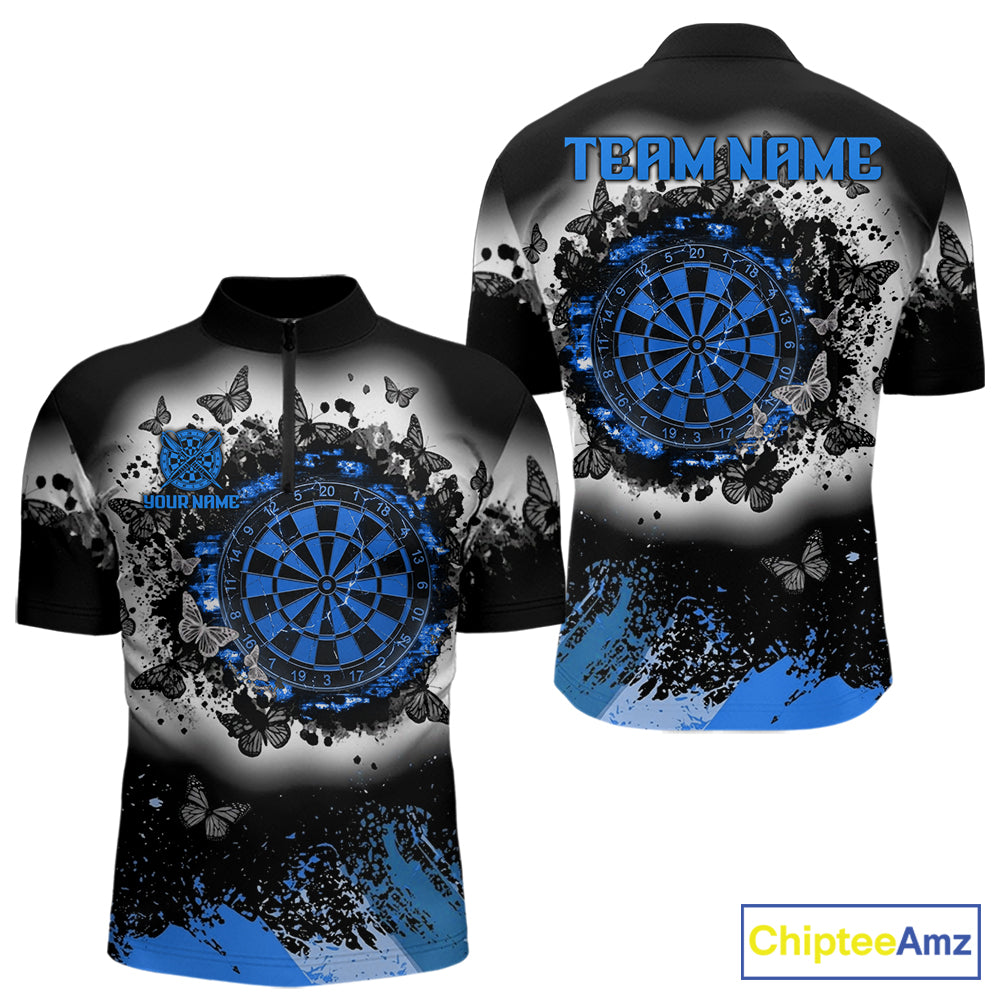 Men's white blue black grunge butterfly dart quarter zip shirt mockup custom dart team apparel