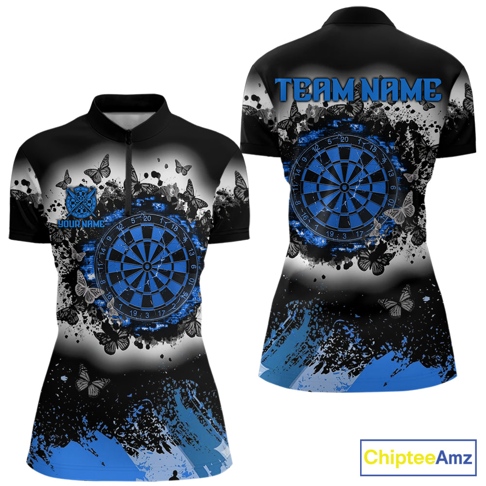 Women's white blue black grunge butterfly dart quarter zip shirt mockup custom dart team apparel