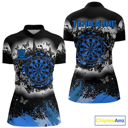 Women's white blue black grunge butterfly dart quarter zip shirt mockup custom dart team apparel