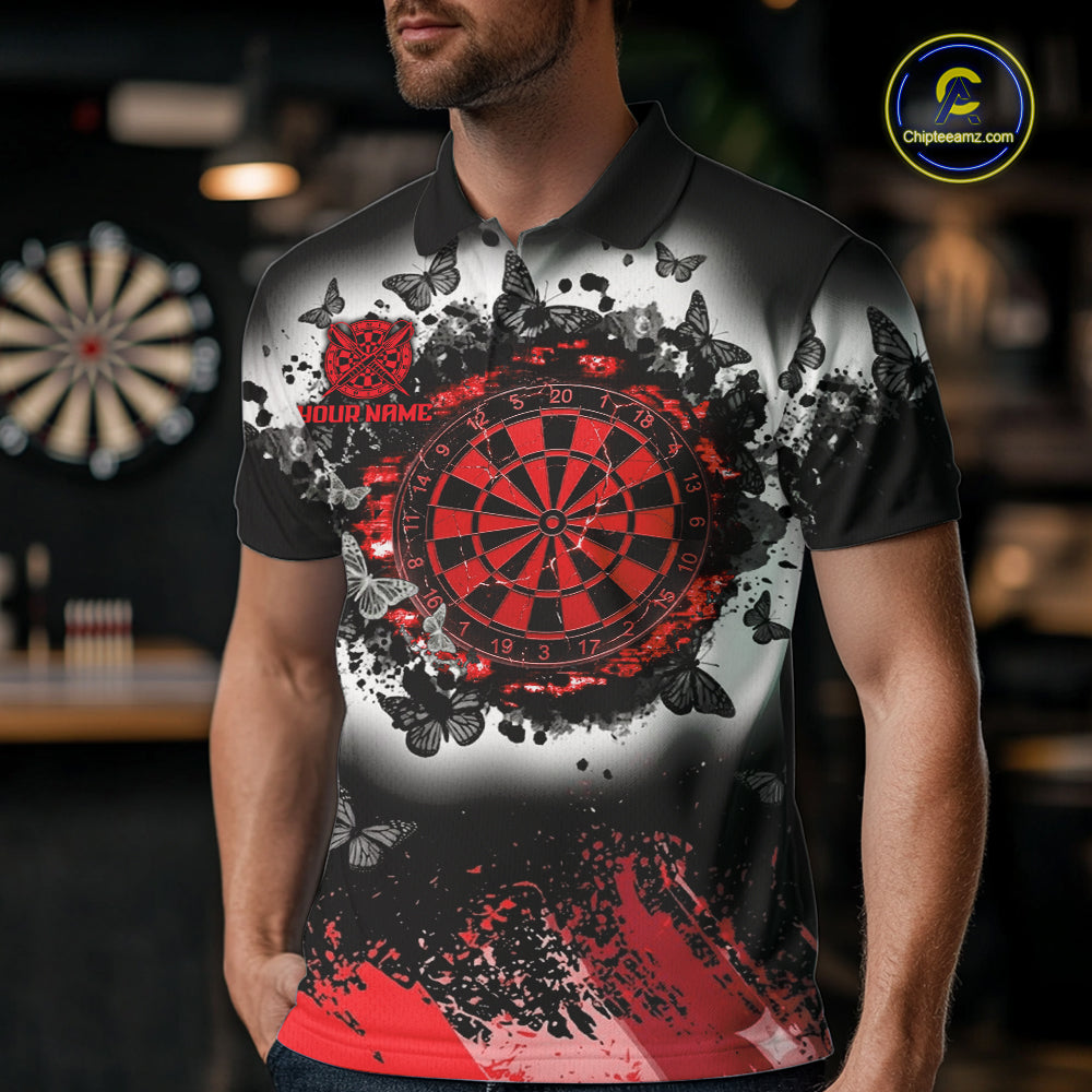 Man wearing white red black butterfly dart shirt custom dart uniform mockup