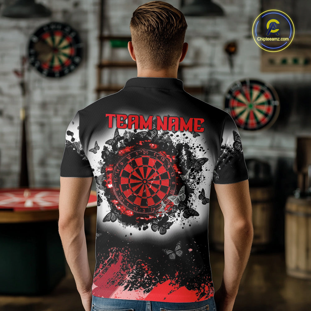Man wearing white red black butterfly dart shirt custom dart uniform mockup