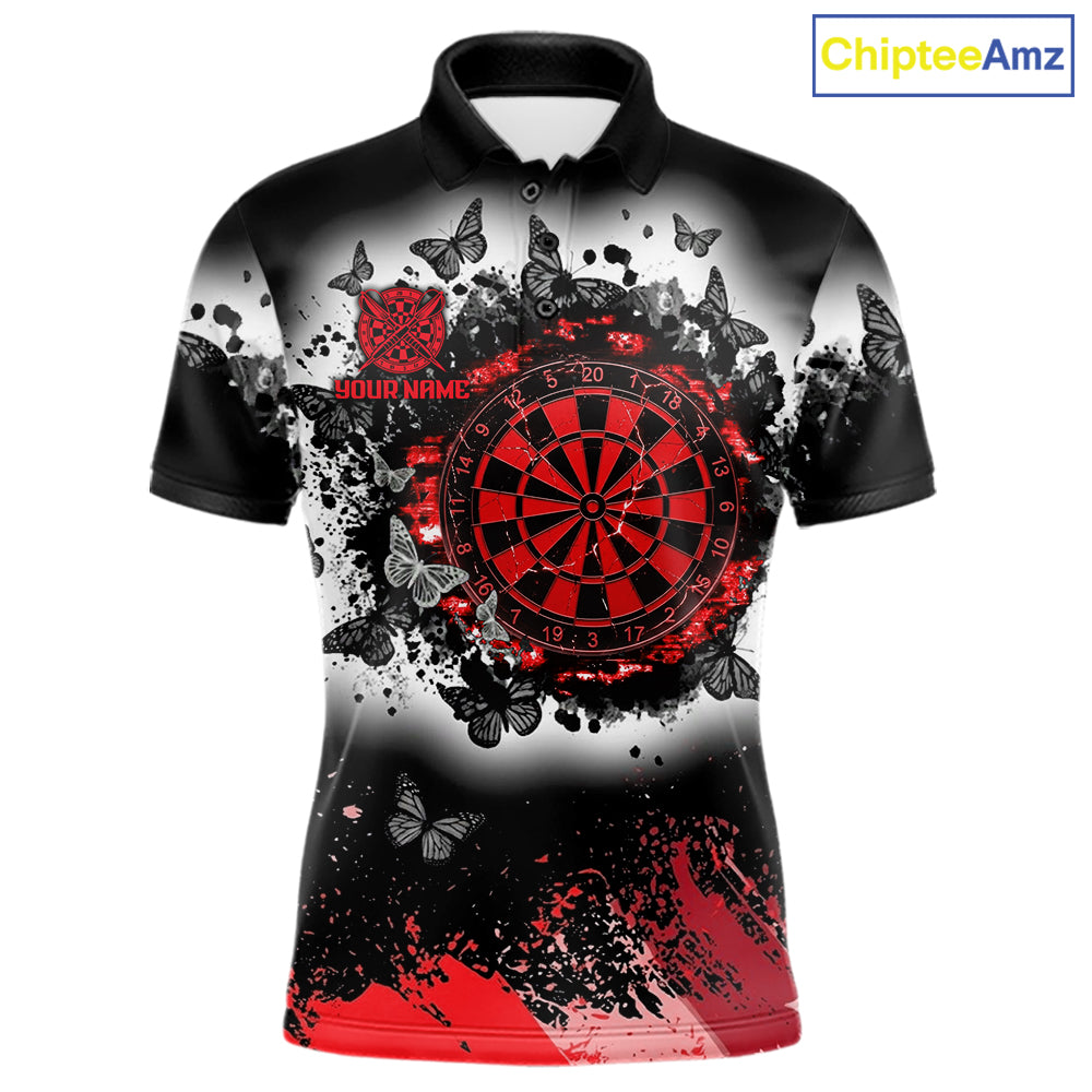 Men's white red black grunge butterfly dart polo shirt mockup custom dart team jersey