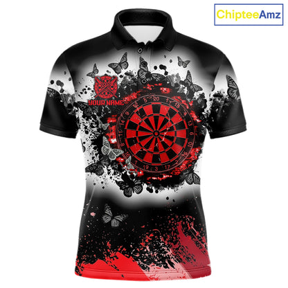 Men's white red black grunge butterfly dart polo shirt mockup custom dart team jersey