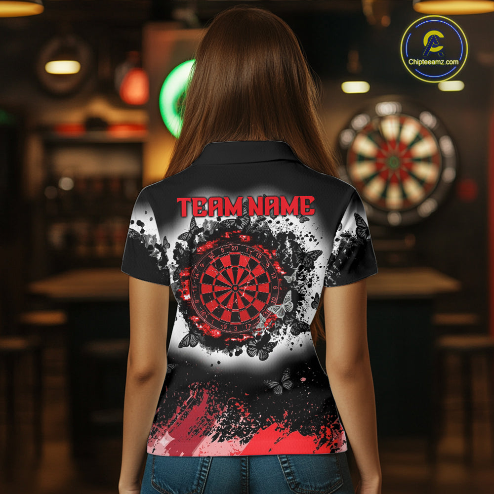 Woman wearing white red black butterfly dart shirt custom dart uniform mockup