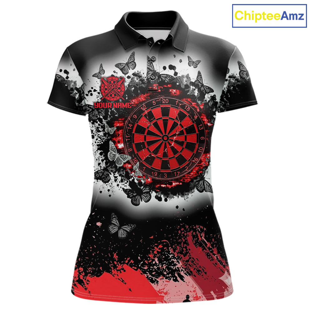 Women's white red black grunge butterfly dart polo shirt mockup custom dart team jersey