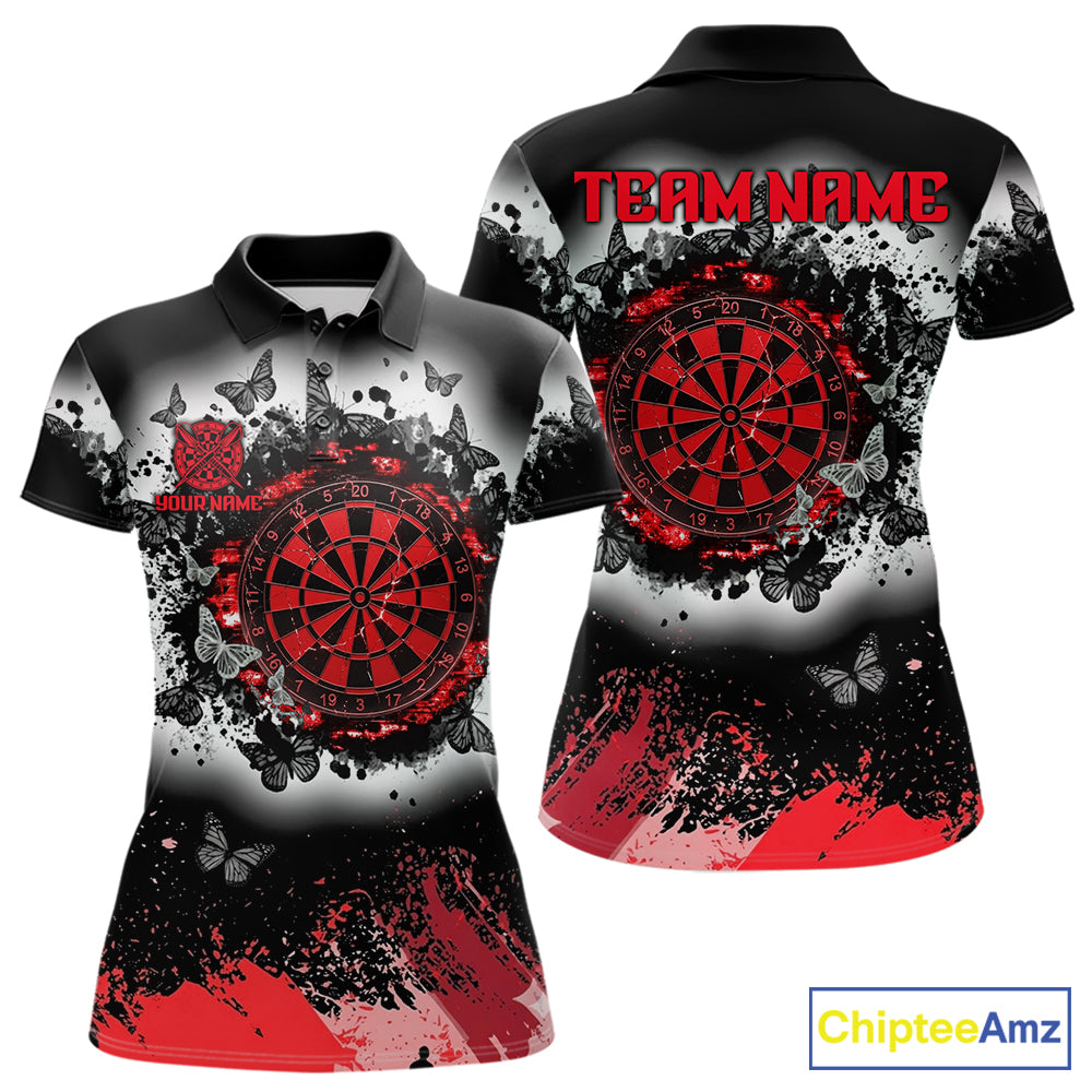 Women's white red black grunge butterfly dart polo shirt mockup custom dart team jersey