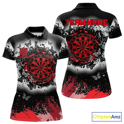 Women's white red black grunge butterfly dart polo shirt mockup custom dart team jersey