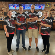 Load image into Gallery viewer, Men's dart team wearing white red black grunge butterfly dart jerseys tournament apparel