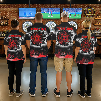 Men's dart team wearing white red black grunge butterfly dart jerseys tournament apparel