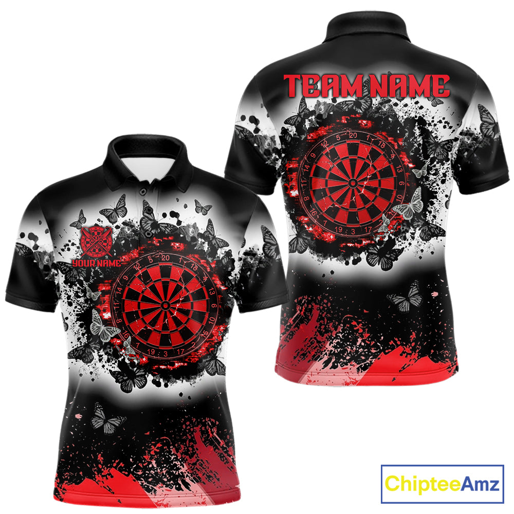 Men's white red black grunge butterfly dart polo shirt mockup custom dart team jersey