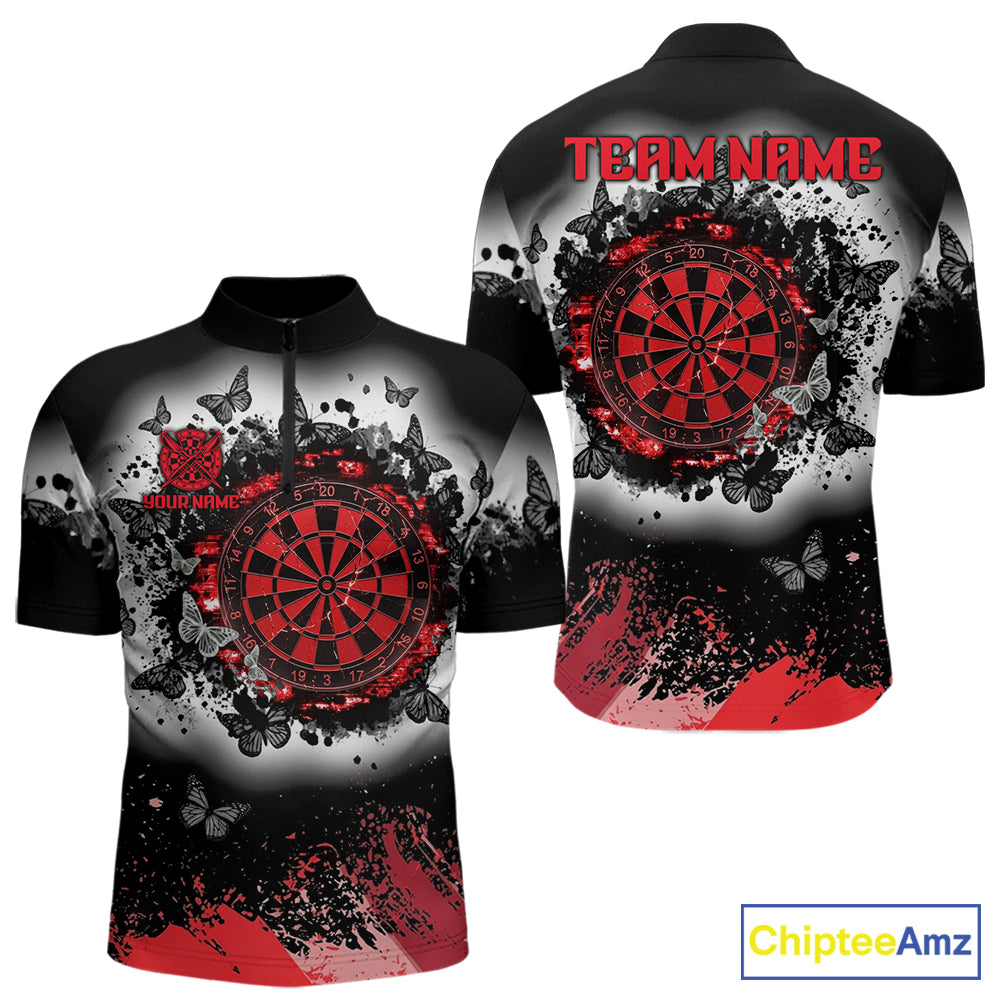 Men's white red black grunge butterfly dart quarter zip shirt mockup custom dart team apparel