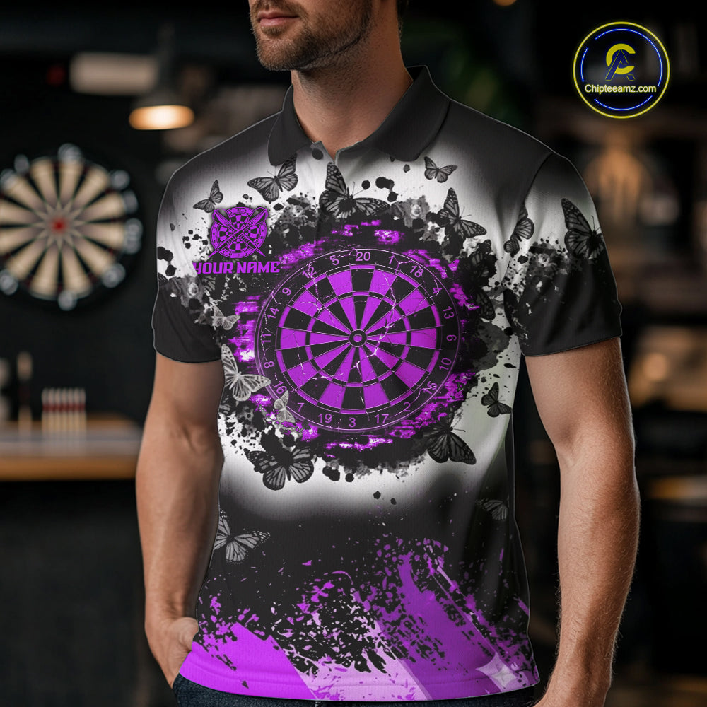 Man wearing white purple black butterfly dart shirt custom dart uniform mockup