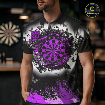 Man wearing white purple black butterfly dart shirt custom dart uniform mockup