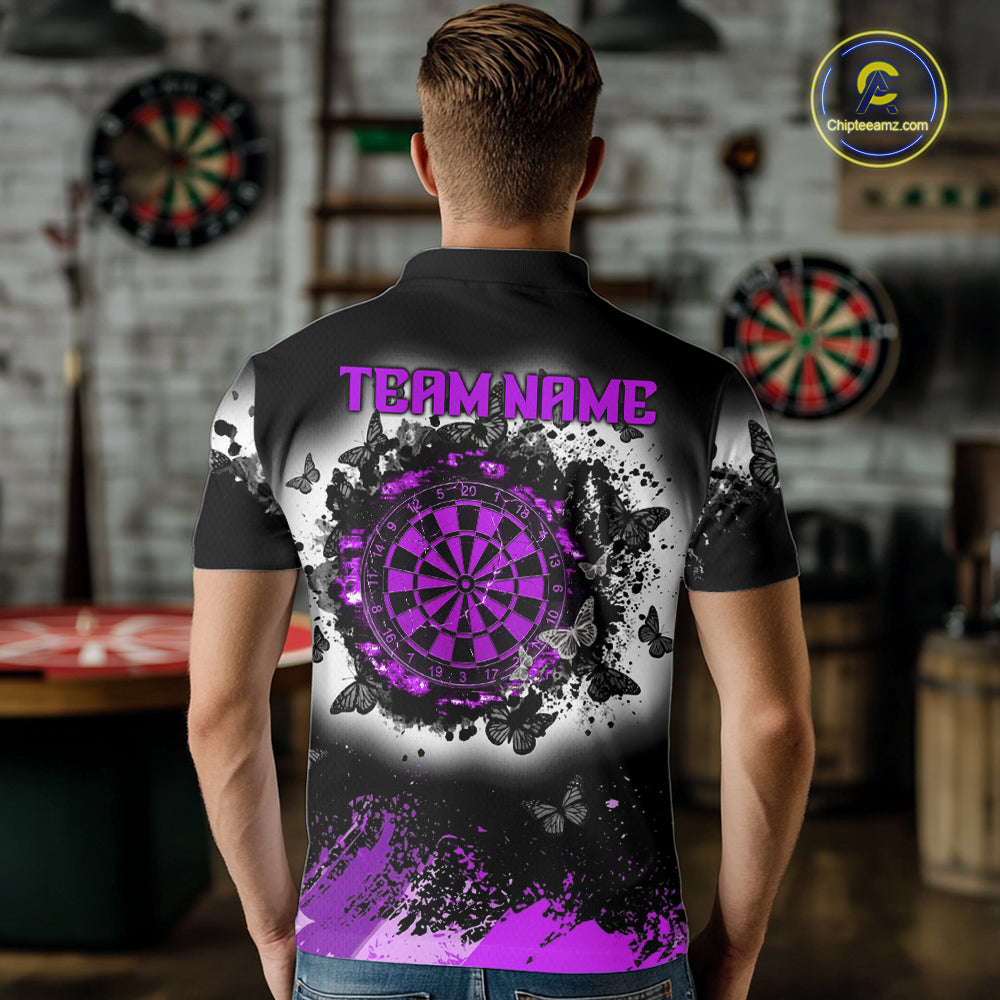 Man wearing white purple black butterfly dart shirt custom dart uniform mockup