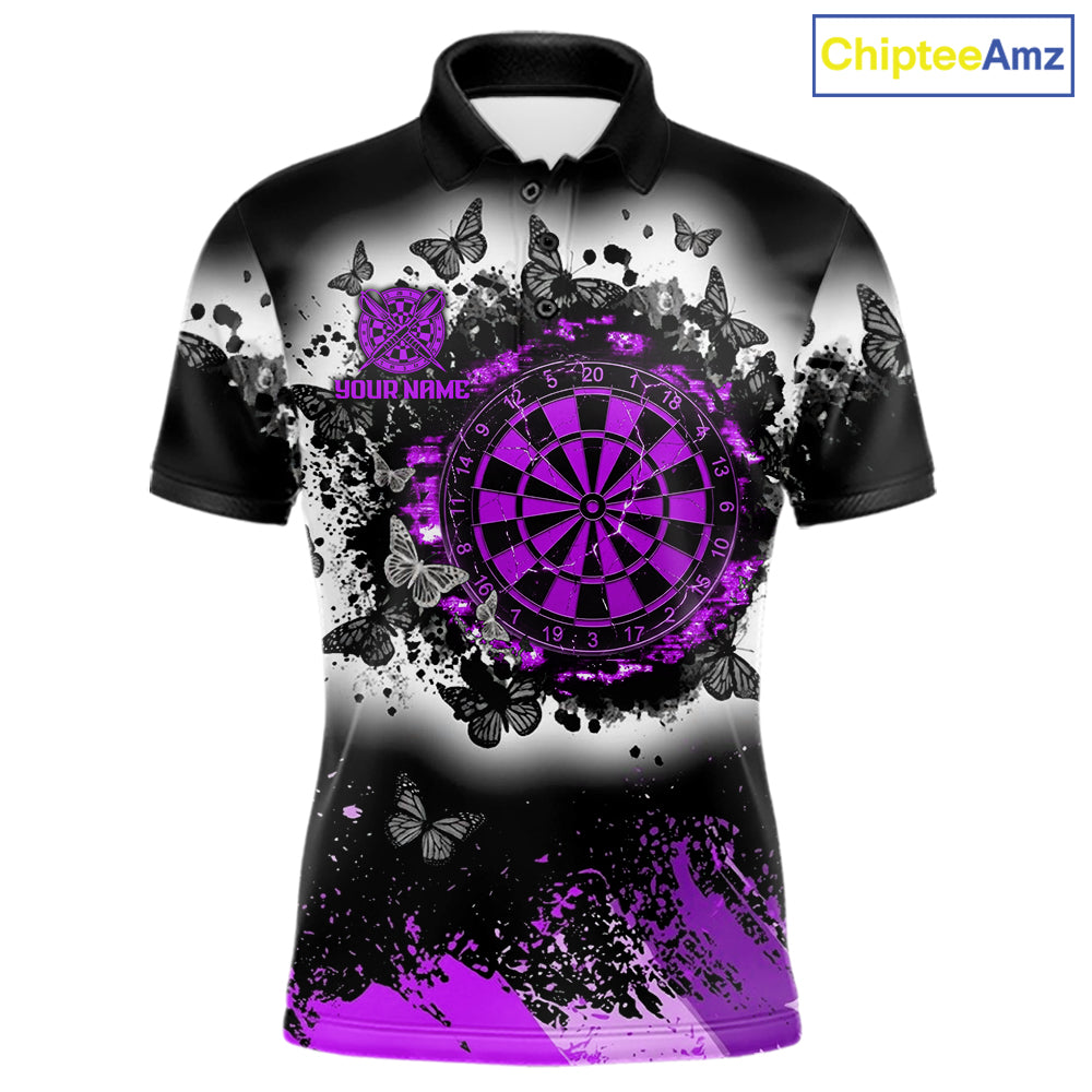 Men's white purple black grunge butterfly dart polo shirt mockup custom dart team jersey