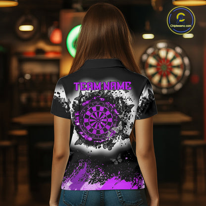 Woman wearing white purple black butterfly dart shirt custom dart uniform mockup