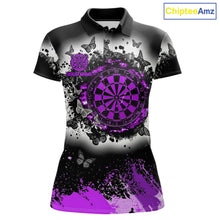Load image into Gallery viewer, Women's white purple black grunge butterfly dart polo shirt mockup custom dart team jersey