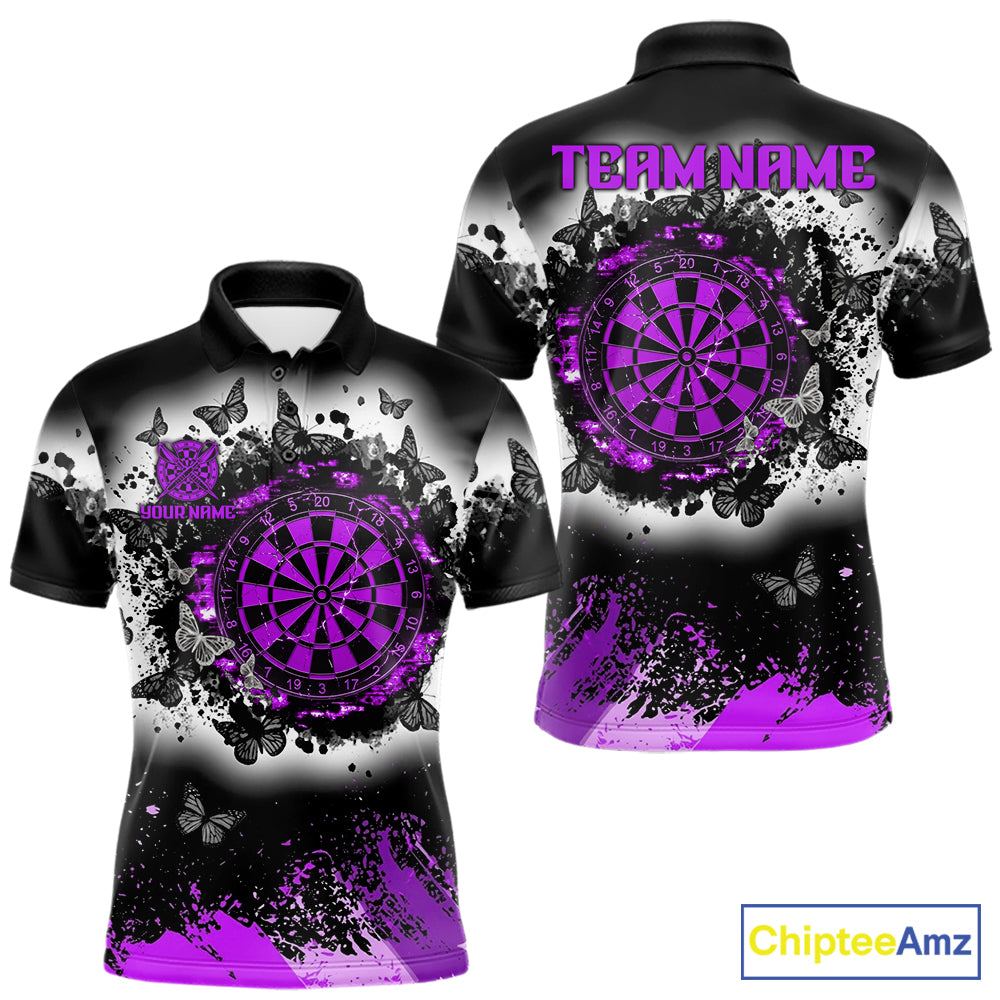 Men's white purple black grunge butterfly dart polo shirt mockup custom dart team jersey