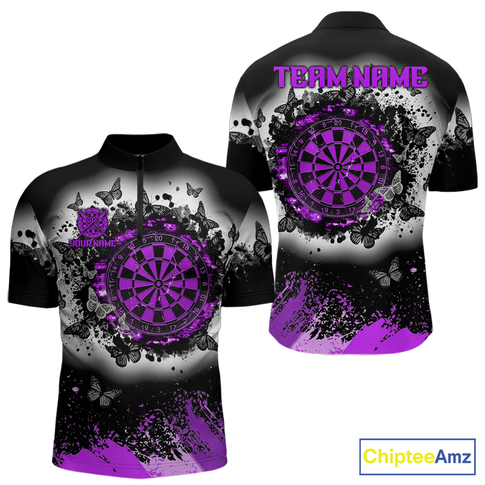 Men's white purple black grunge butterfly dart quarter zip shirt mockup custom dart team apparel