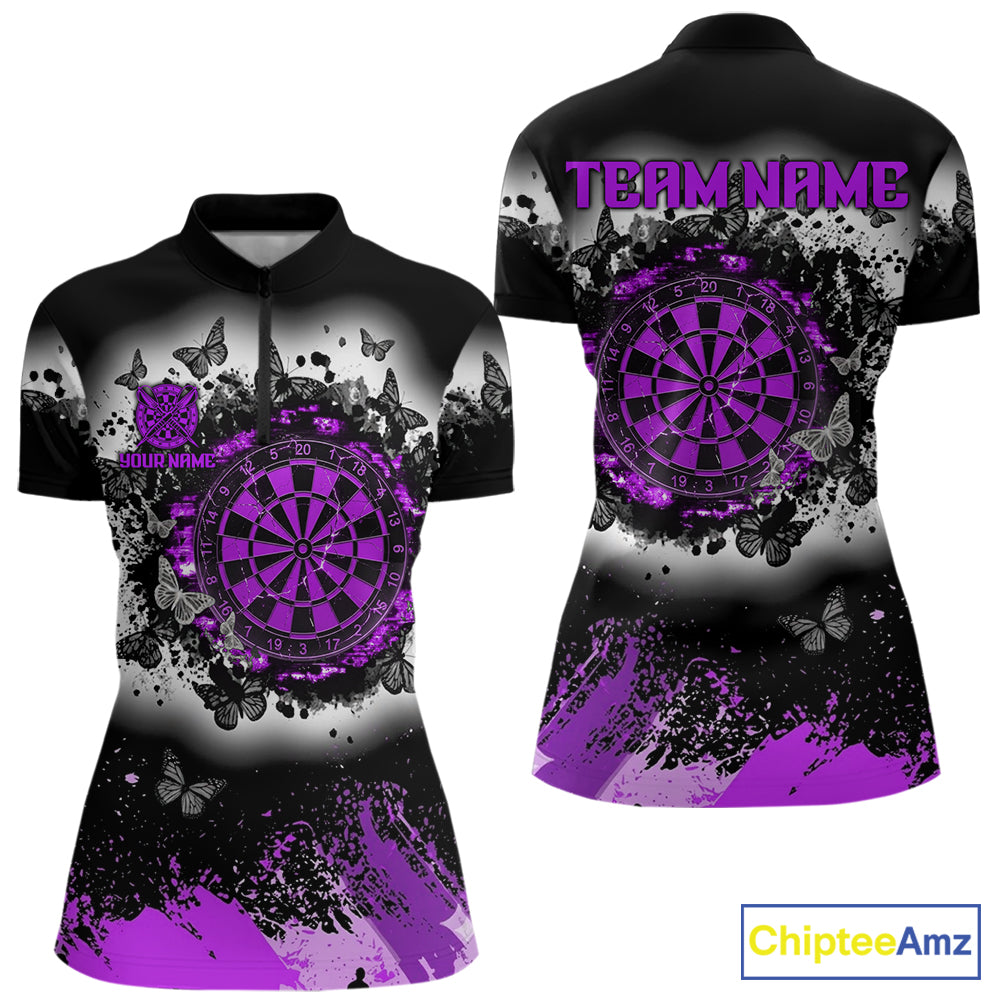 Women's white purple black grunge butterfly dart quarter zip shirt mockup custom dart team apparel