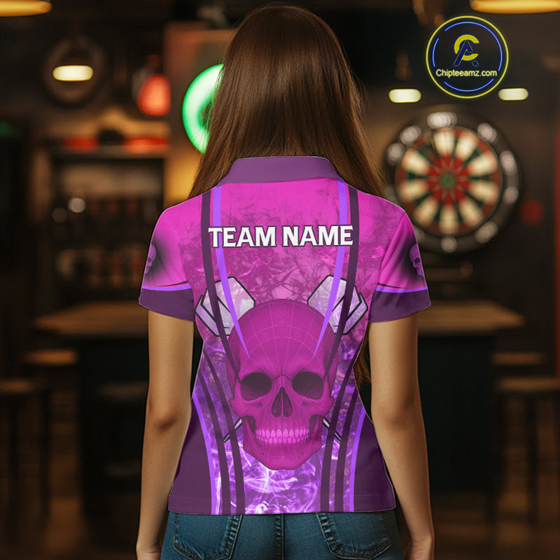 Purple Skull & Flame Darts Women's Darts Polo Shirt Custom Name For Players NYN0750