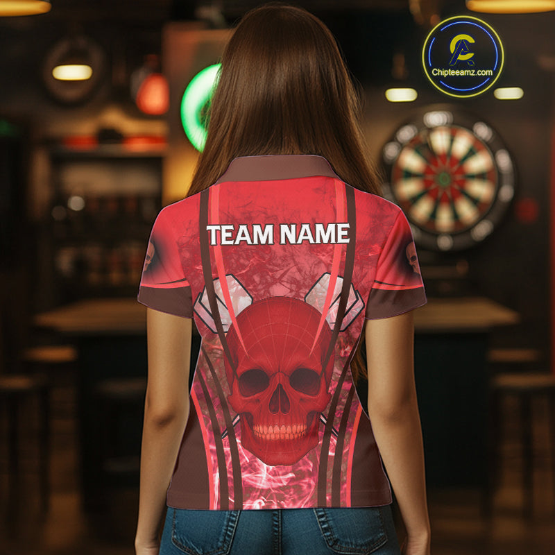 Red Skull & Flame Darts Women's Darts Polo Shirt Custom Name For Players NYN0751