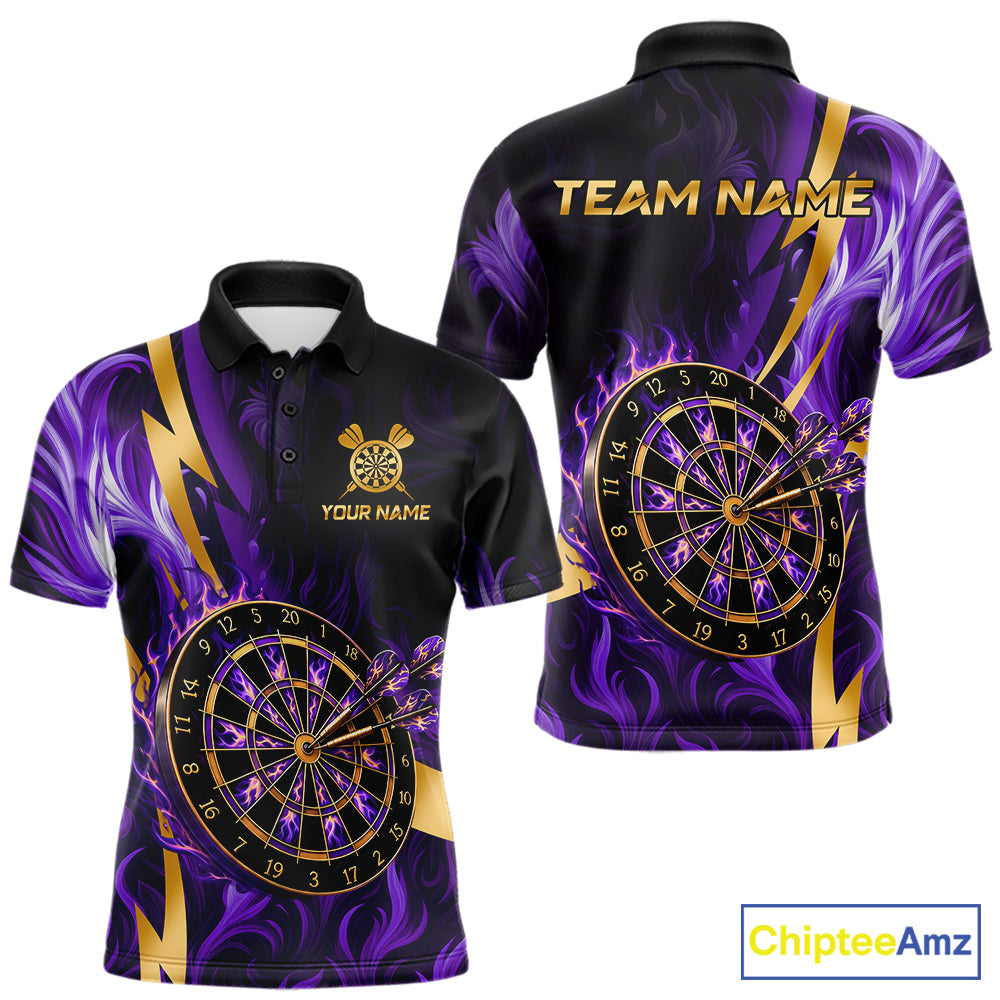 Purple Flame And Gold Dartboard Darts Polo Quarter-Zip Shirts For Men Custom Darts Team Jersey NYN4081