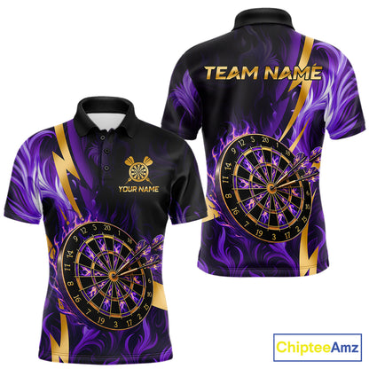 Purple Flame And Gold Dartboard Darts Polo Quarter-Zip Shirts For Men Custom Darts Team Jersey NYN4081