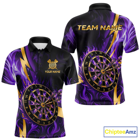 Purple Flame And Gold Dartboard Darts Polo Quarter-Zip Shirts For Men Custom Darts Team Jersey NYN4081