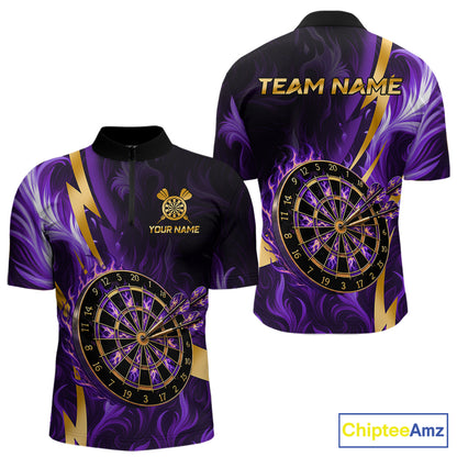 Purple Flame And Gold Dartboard Darts Polo Quarter-Zip Shirts For Men Custom Darts Team Jersey NYN4081